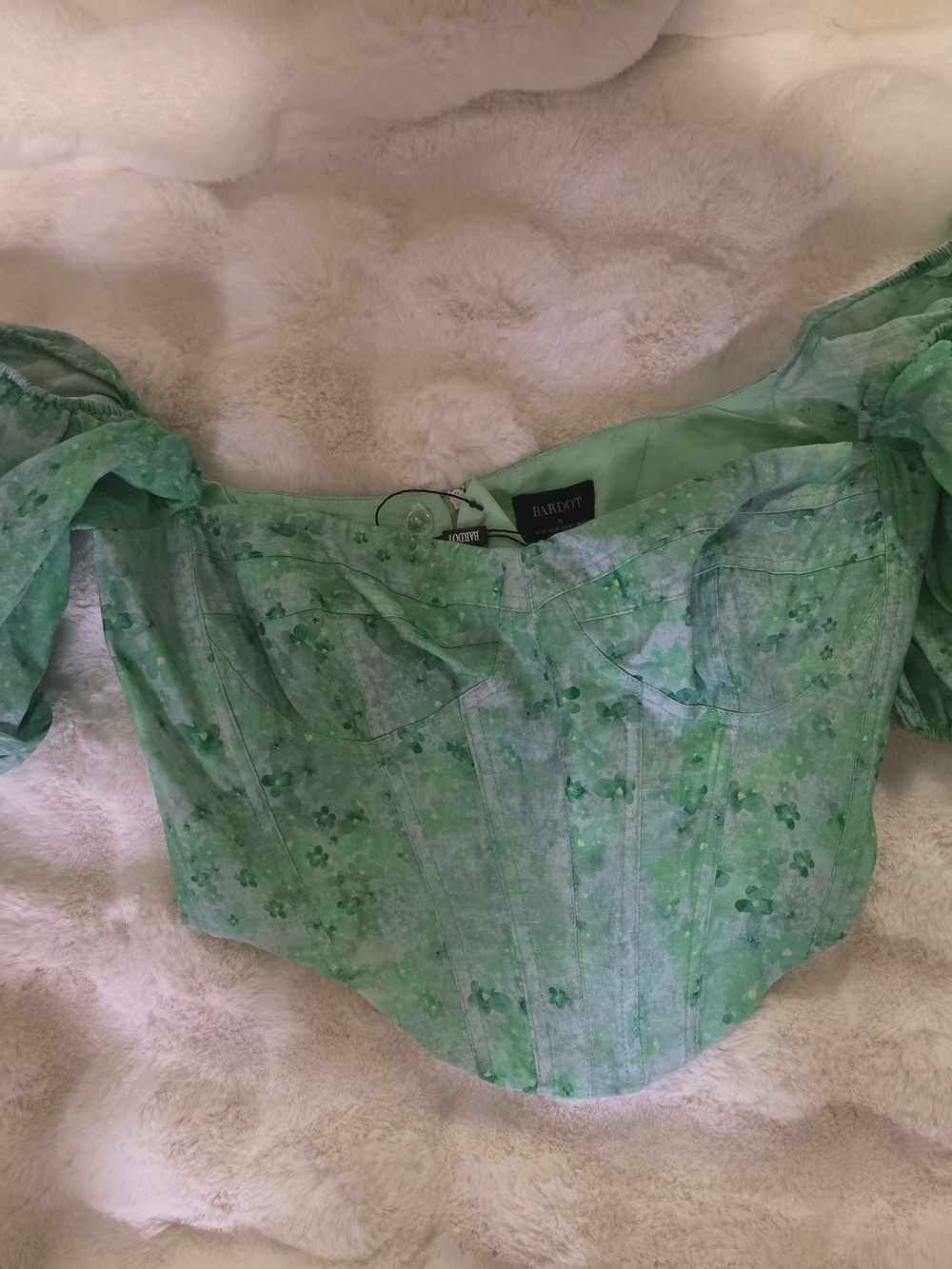 Bardot Light Green Floral Off-Shoulder Corset Crop Top